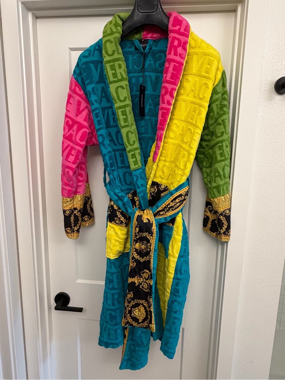 Versace Teal and Yellow Plush Logo Robe with Baroque Trim - Picture 5 of 5
